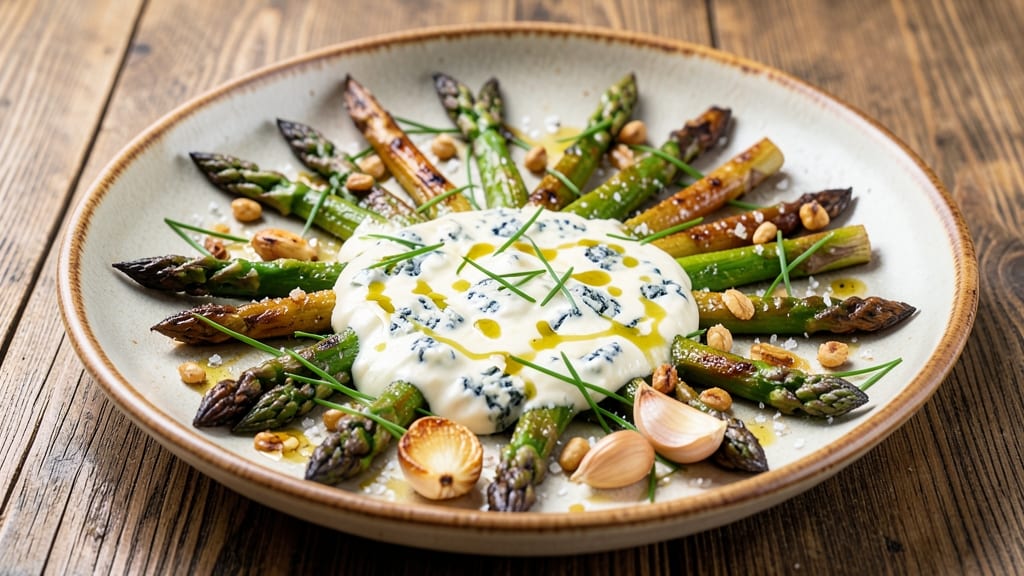 Asparagus and Blue Cheese Recipe: Crispy Roasted Stems with Tangy Creamy Dip