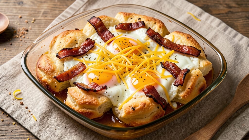 Bacon Egg and Cheese Biscuit Bake Recipe: Crispy-Topped Breakfast Casserole in One Pan