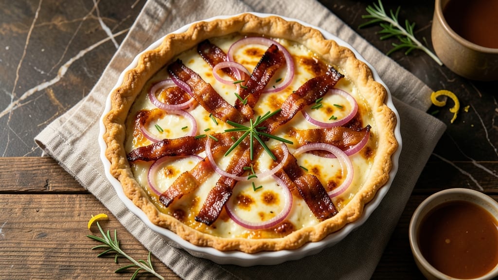 Bacon Cheese and Onion Quiche Recipe: Flaky Crust With Crispy Bacon Layers