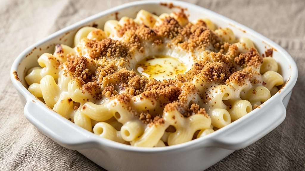 Baked White Cheddar Mac and Cheese Recipe with Bread Crumbs: Triple-Layered Crunch and Pull-Apart Cheese Bliss